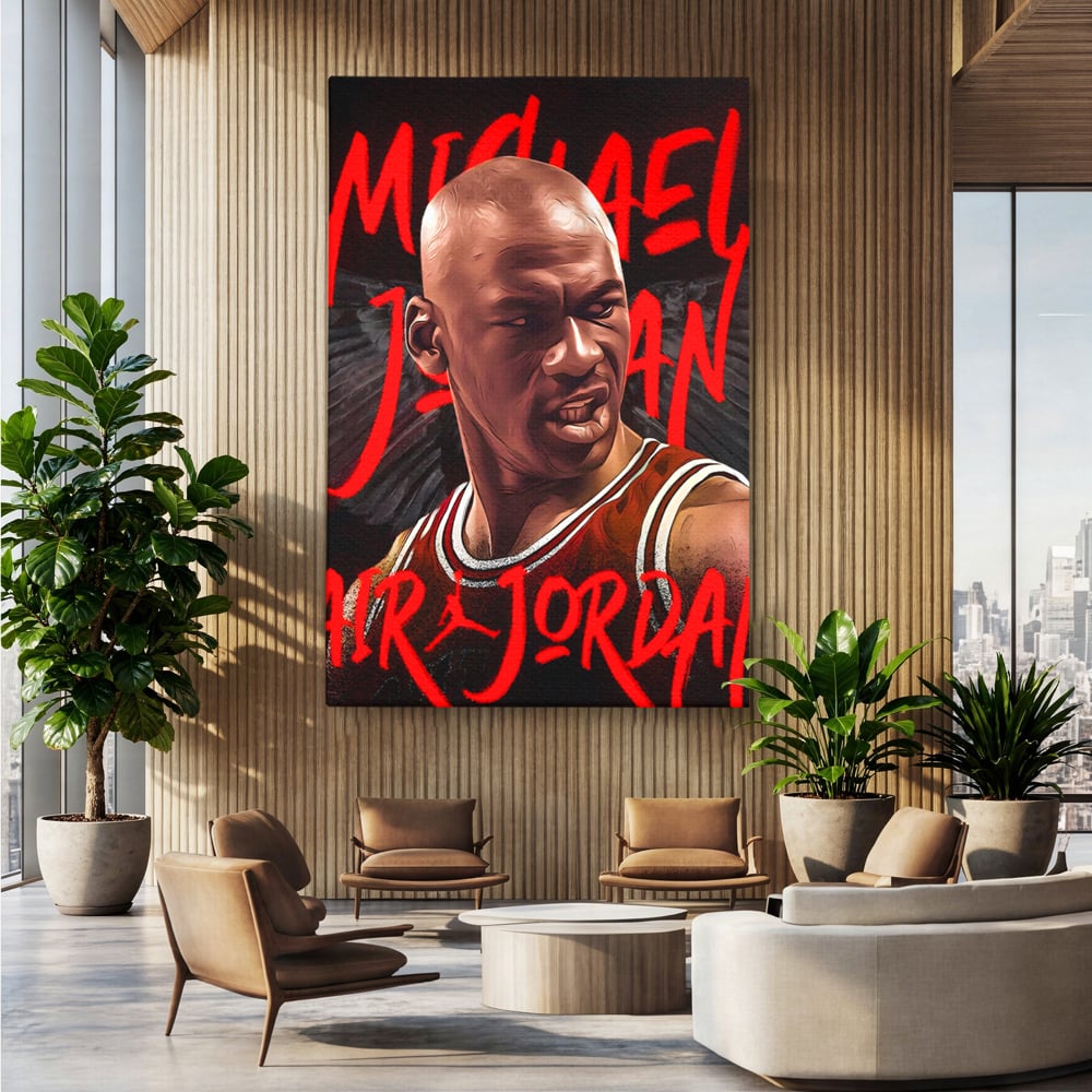 Tablou canvas cu portret grafic cu michael jordan, fara rama, pe sasiu de lemn, pe perete intr-un birou
