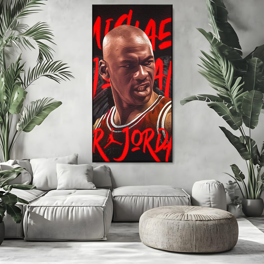 Tablou canvas cu portret grafic cu michael jordan, in rama de aluminiu negru, pe perete intr-un living
