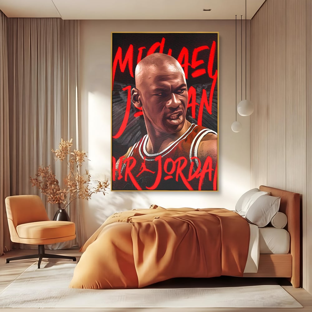 Tablou canvas cu portret grafic cu michael jordan, in rama de aluminiu auriu, pe perete intr-un dormitor