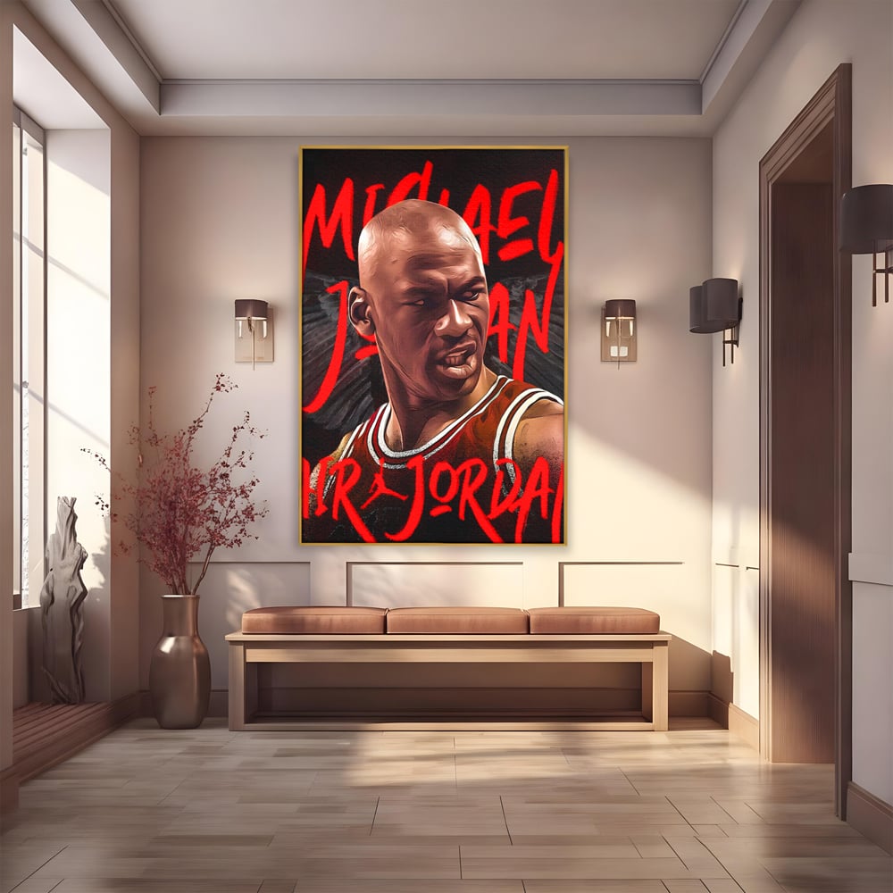 Tablou canvas cu portret grafic cu michael jordan, in rama de aluminiu auriu