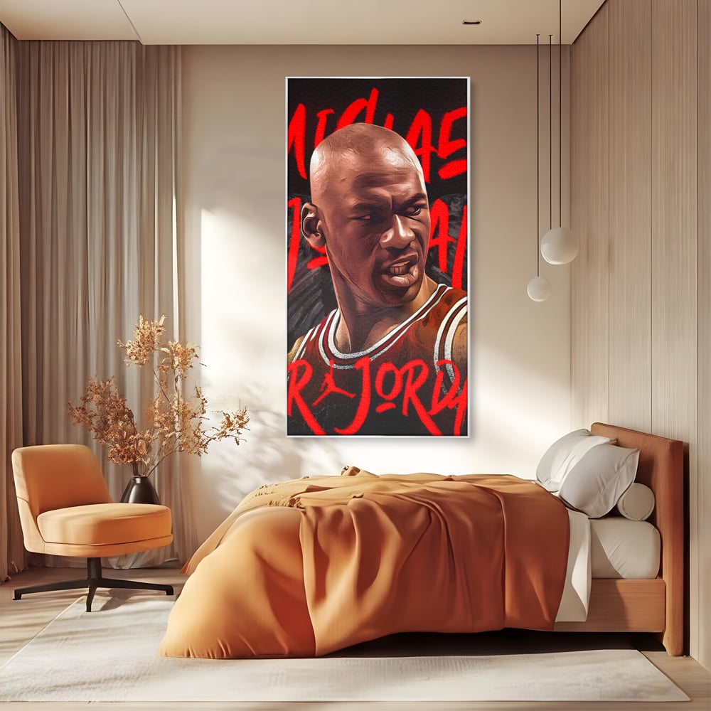 Tablou canvas cu portret grafic cu michael jordan, in rama de aluminiu argintiu, pe perete intr-un dormitor