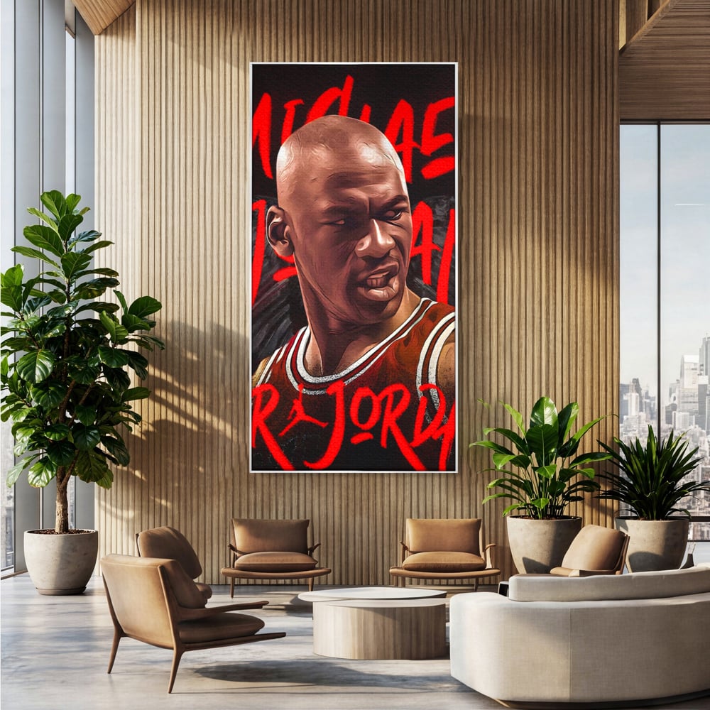 Tablou canvas cu portret grafic cu michael jordan, in rama de aluminiu argintiu, pe perete intr-un birou