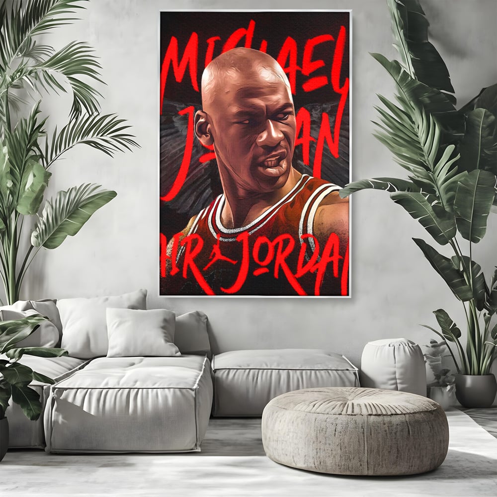 Tablou canvas cu portret grafic cu michael jordan, in rama de aluminiu argintiu, pe perete intr-un living