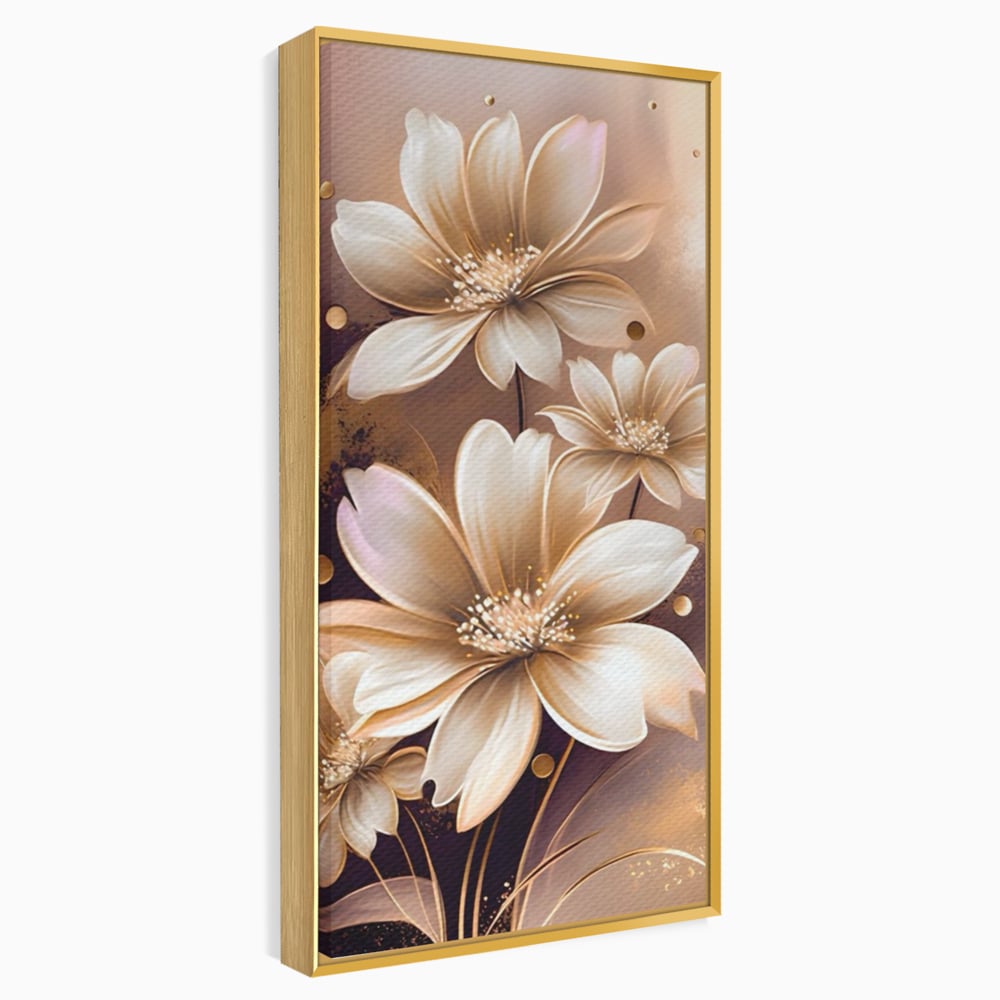 Tablou canvas cu tablou canvas cu flori aurii pe fond maro, in rama de aluminiu auriu