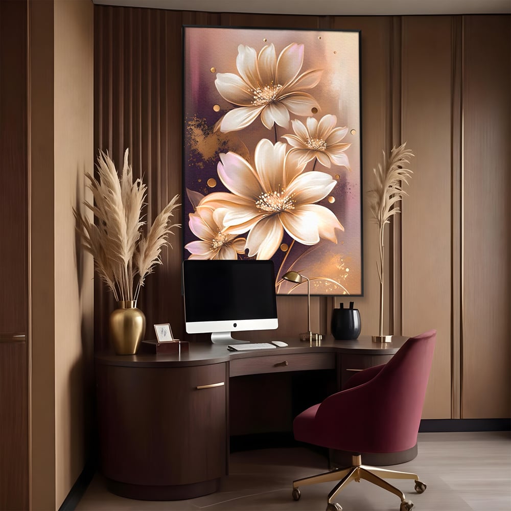Tablou canvas cu tablou canvas cu flori aurii pe fond maro, in rama de aluminiu negru, pe perete intr-un birou