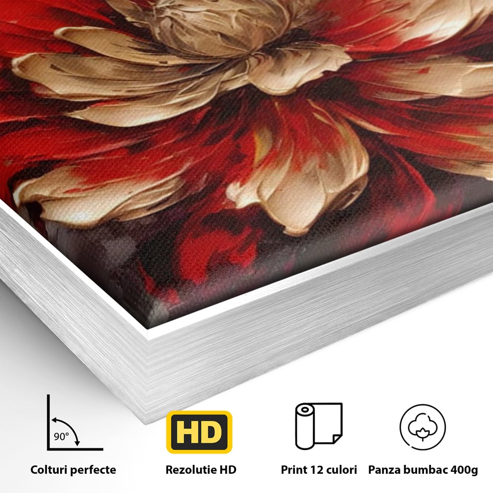 Detaliu al suprafetei: pictura cu o floare rosie si aurie in relief, in rama de aluminiu argintiu