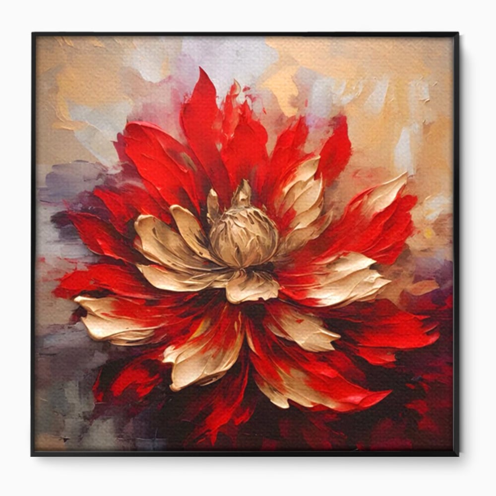 Tablou canvas cu pictura cu o floare rosie si aurie in relief, in rama de aluminiu negru