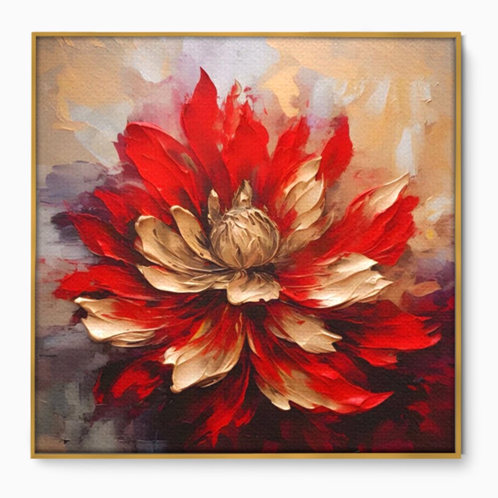 Tablou canvas cu pictura cu o floare rosie si aurie in relief, in rama de aluminiu auriu