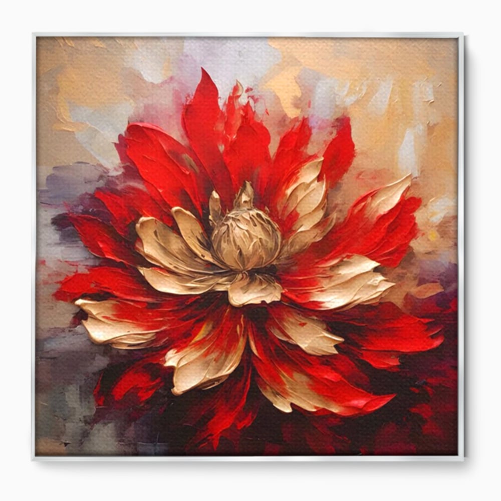 Tablou canvas cu pictura cu o floare rosie si aurie in relief, in rama de aluminiu argintiu