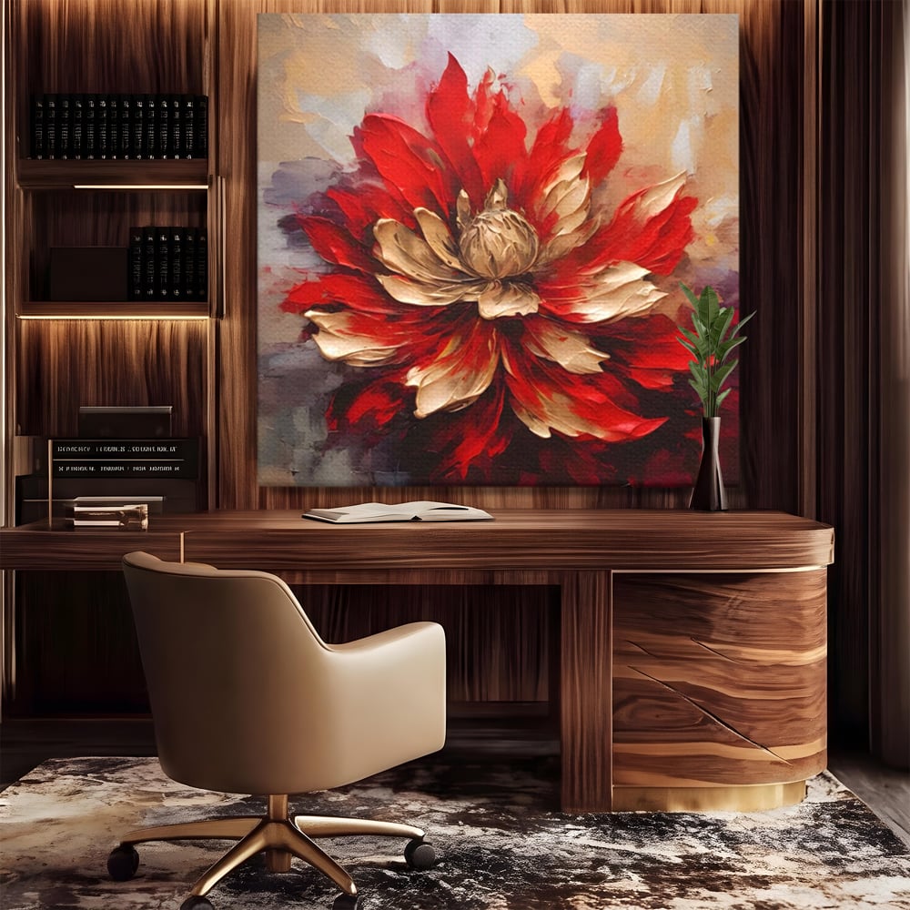 Tablou canvas cu pictura cu o floare rosie si aurie in relief, fara rama, pe sasiu de lemn, pe perete intr-un birou