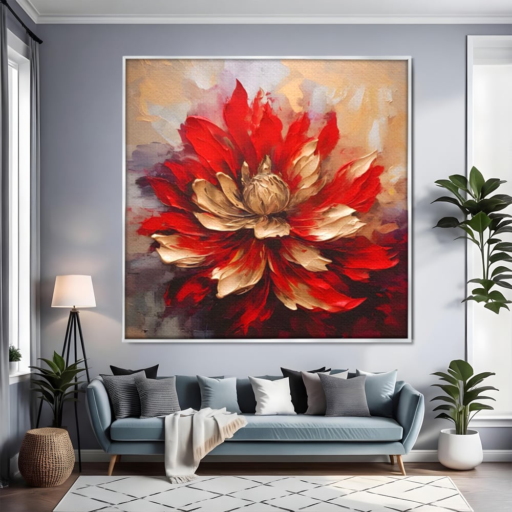Tablou canvas cu pictura cu o floare rosie si aurie in relief, in rama de aluminiu argintiu, pe perete intr-un living