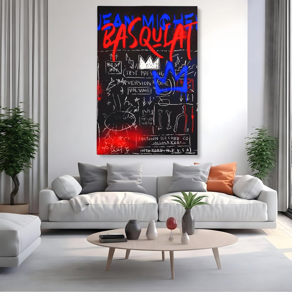 Tablou canvas cu tablou canvas cu arta graffiti, fara rama, pe sasiu de lemn, pe perete intr-un living