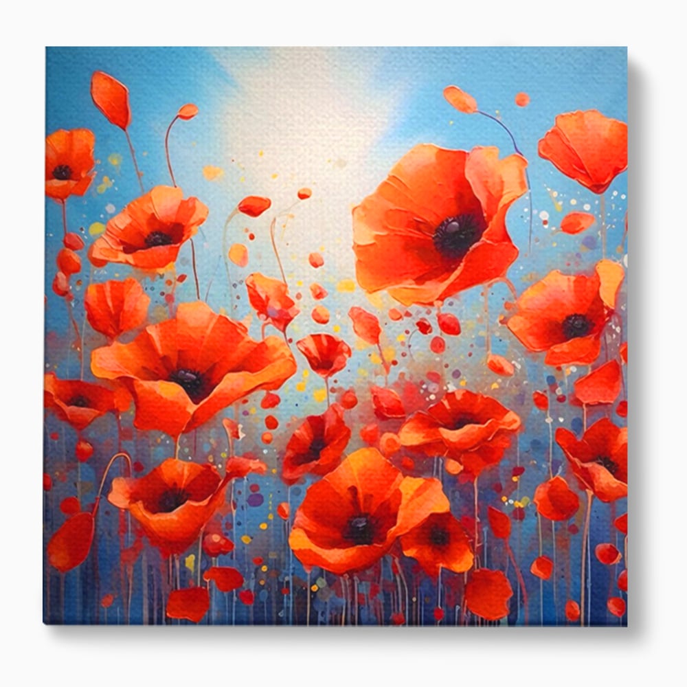 Tablou canvas cu pictura camp cu maci, fara rama, pe sasiu de lemn