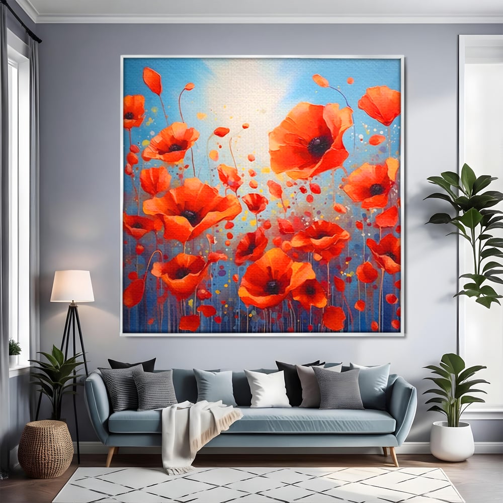 Tablou canvas cu pictura camp cu maci, in rama de aluminiu argintiu, pe perete intr-un living