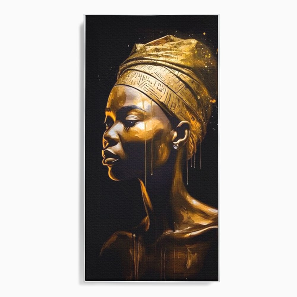 Tablou canvas cu tablou canvas cu femeie africana si turban auriu, in rama de aluminiu argintiu