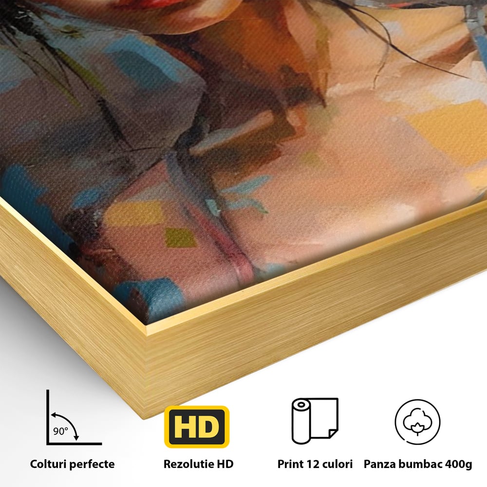 Detaliu al suprafetei: tablou canvas cu portret de femeie, in rama de aluminiu auriu