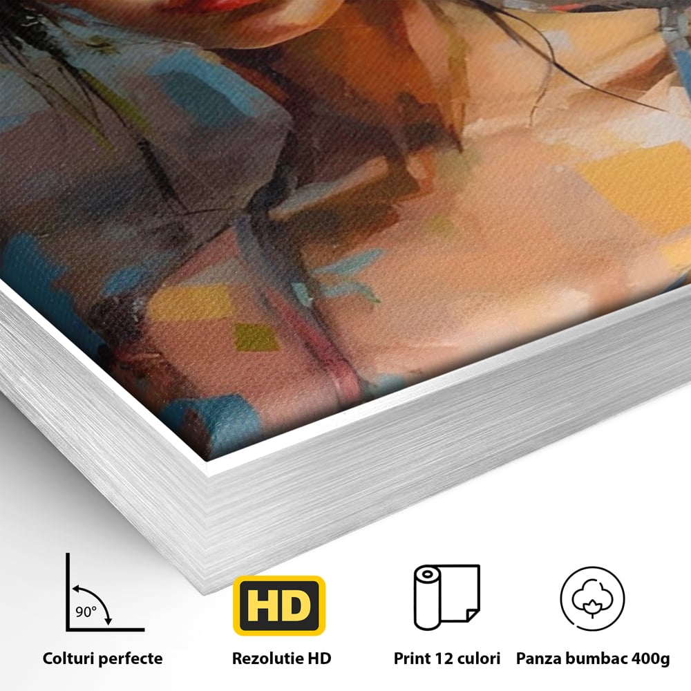 Detaliu al suprafetei: tablou canvas cu portret de femeie, in rama de aluminiu argintiu