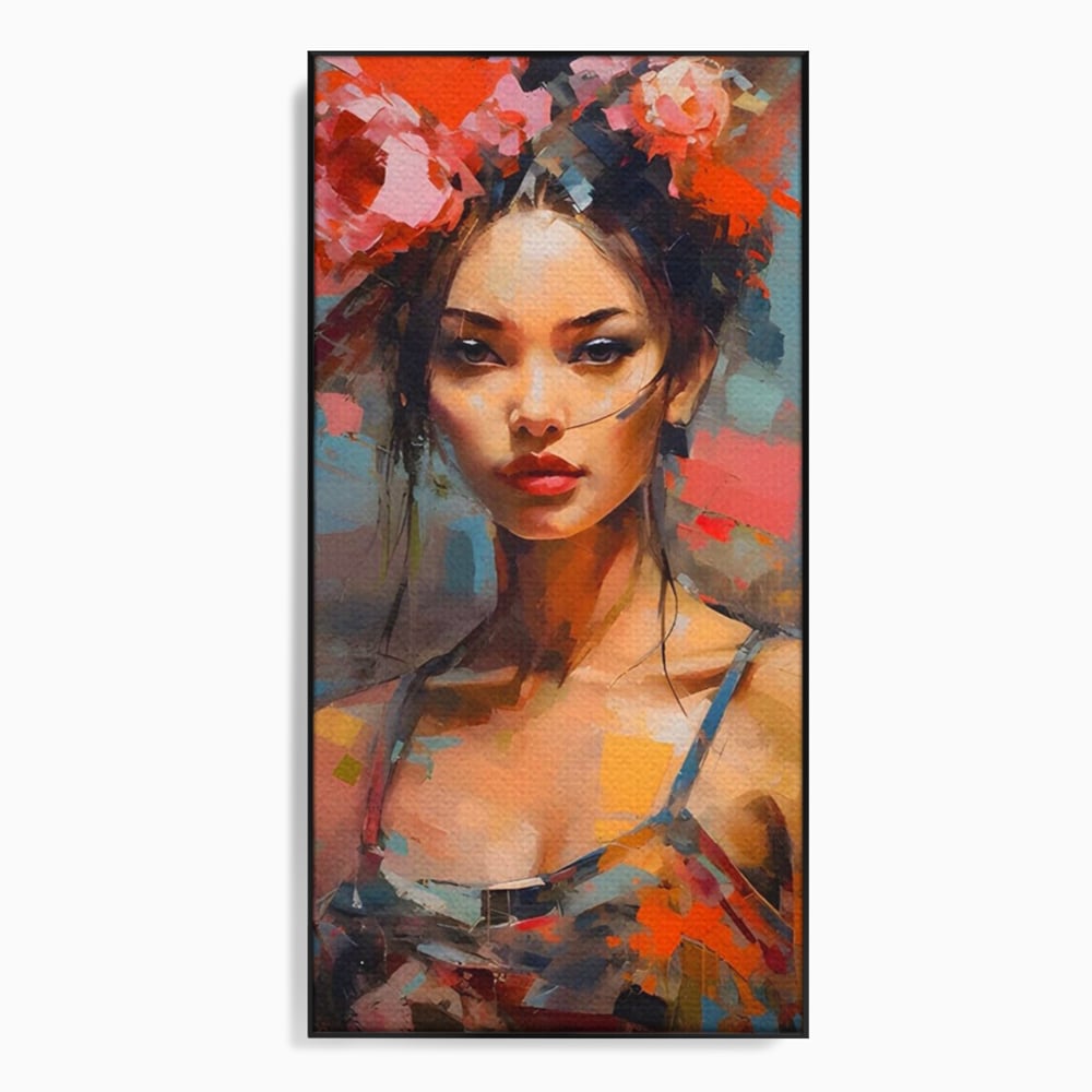 Tablou canvas cu tablou canvas cu portret de femeie, in rama de aluminiu negru