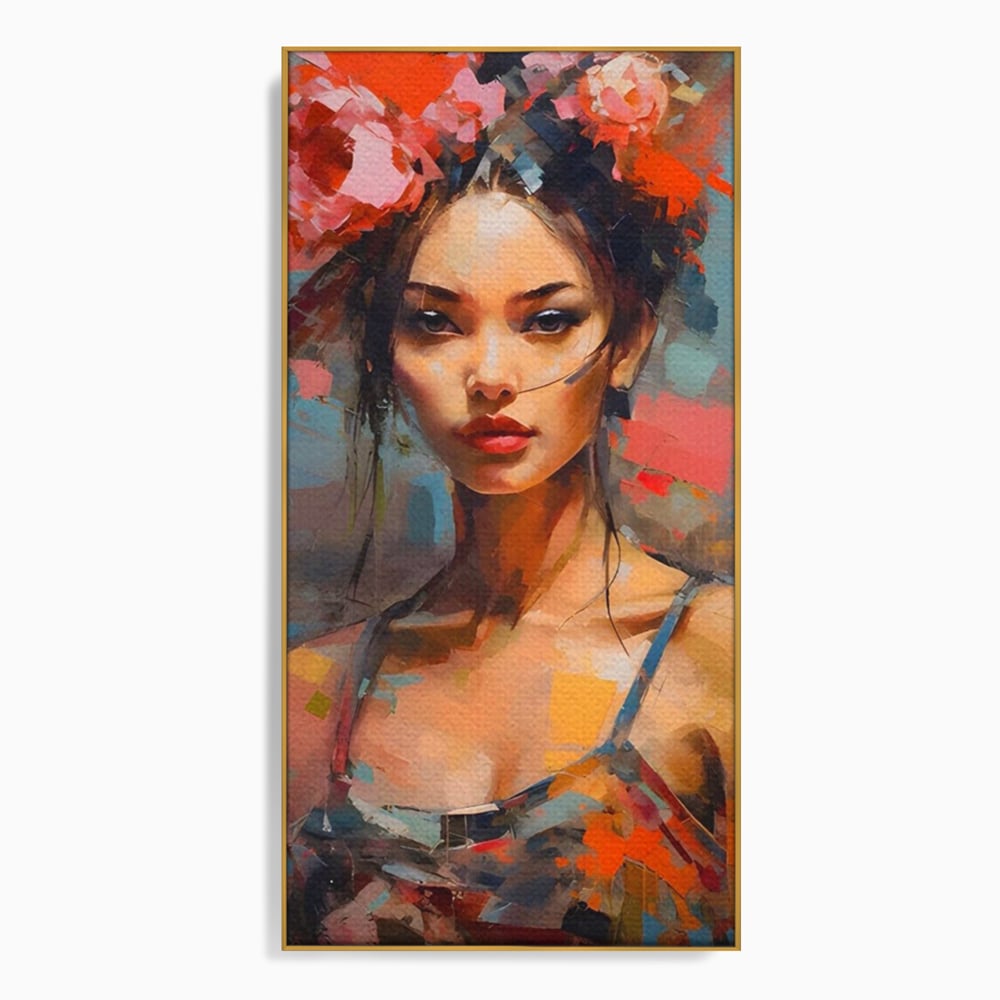 Tablou canvas cu tablou canvas cu portret de femeie, in rama de aluminiu auriu