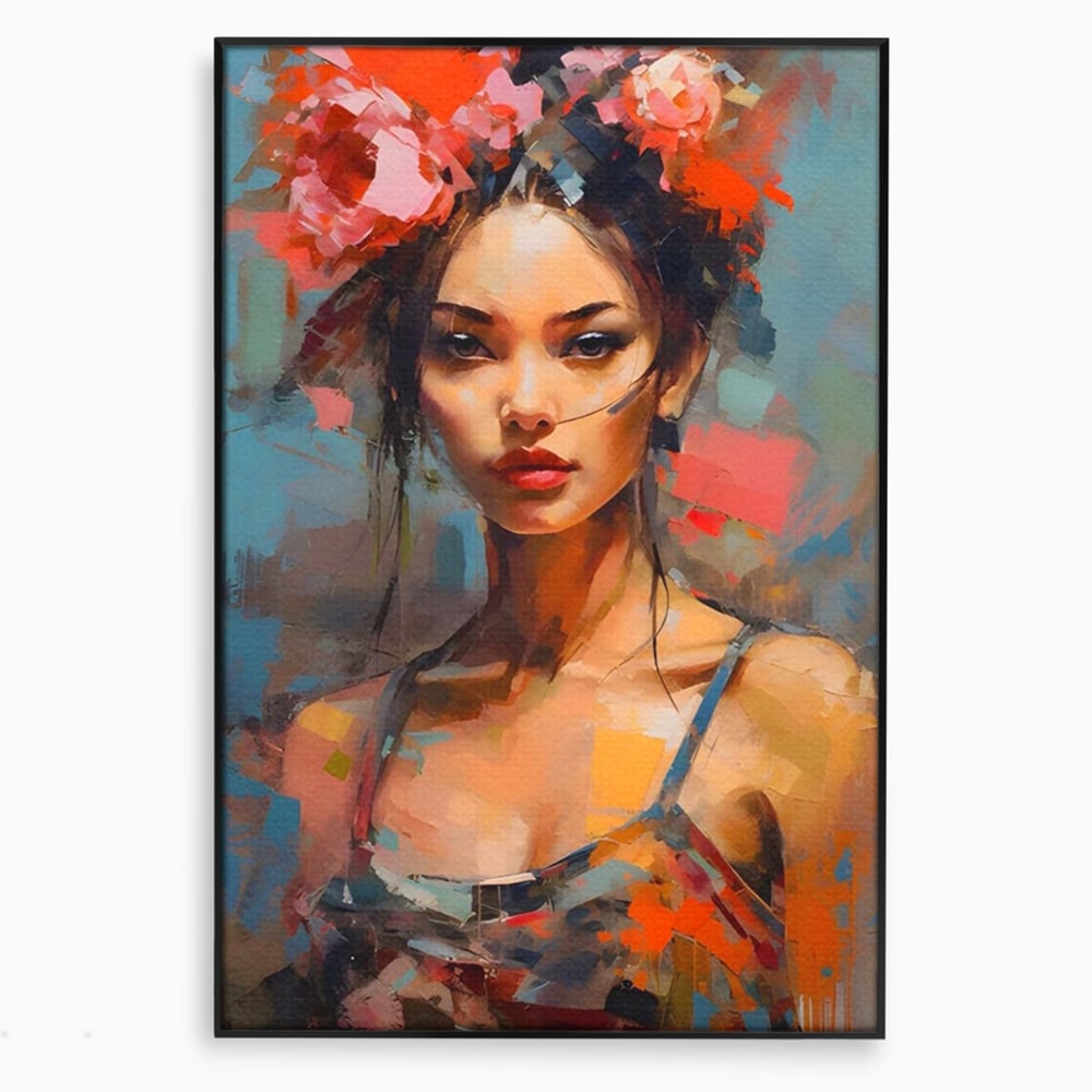Tablou canvas cu tablou canvas cu portret de femeie, in rama de aluminiu negru