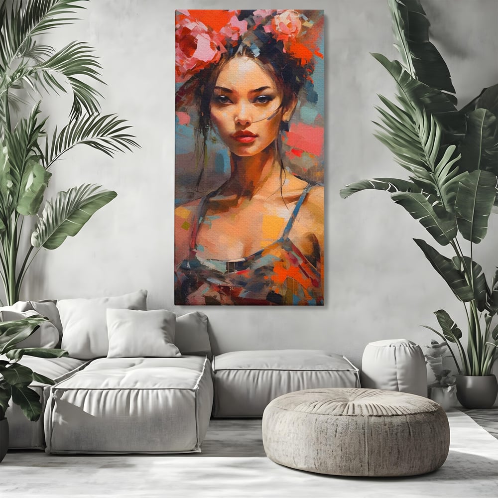 Tablou canvas cu tablou canvas cu portret de femeie, fara rama, pe sasiu de lemn, pe perete intr-un living