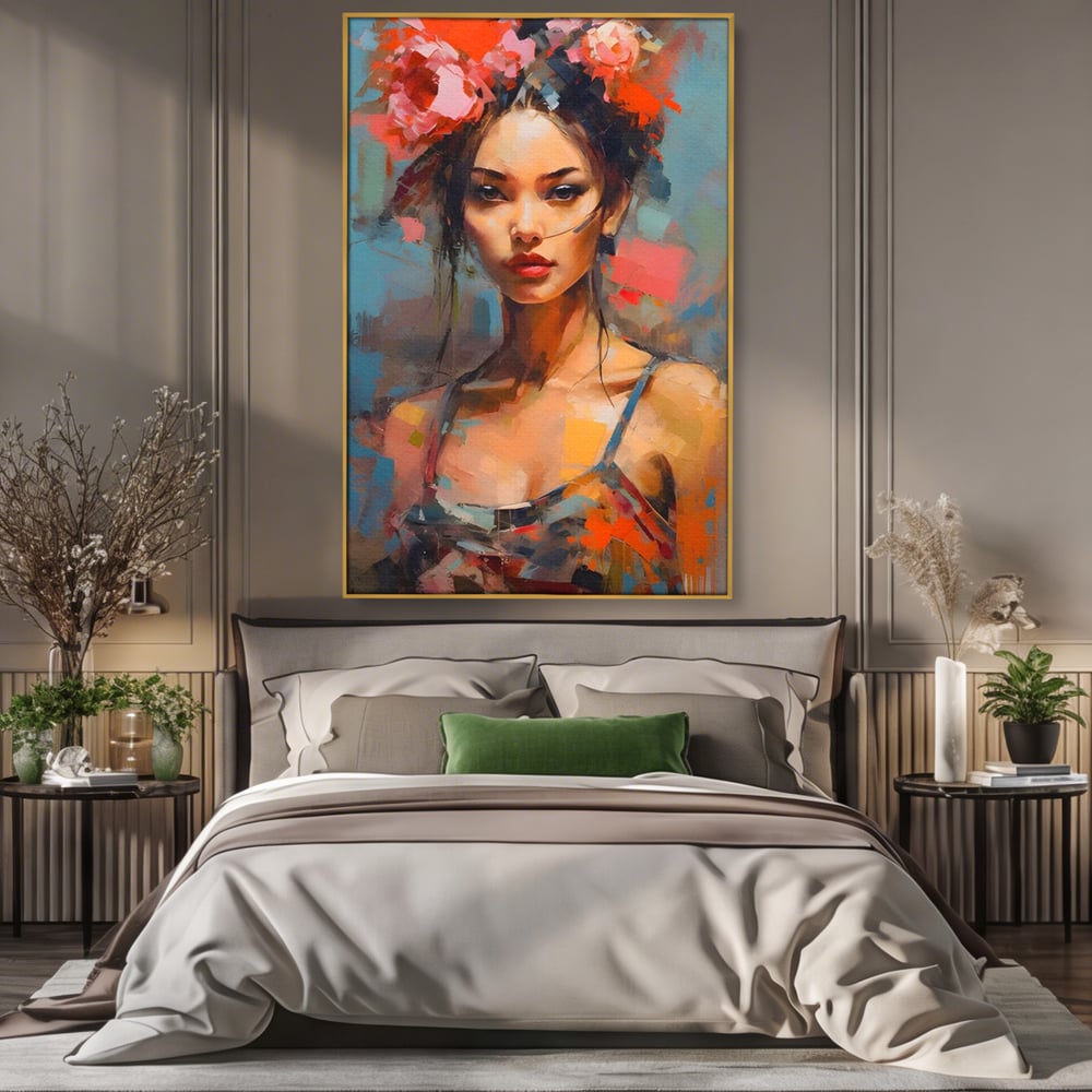 Tablou canvas cu tablou canvas cu portret de femeie, in rama de aluminiu auriu, pe perete intr-un dormitor