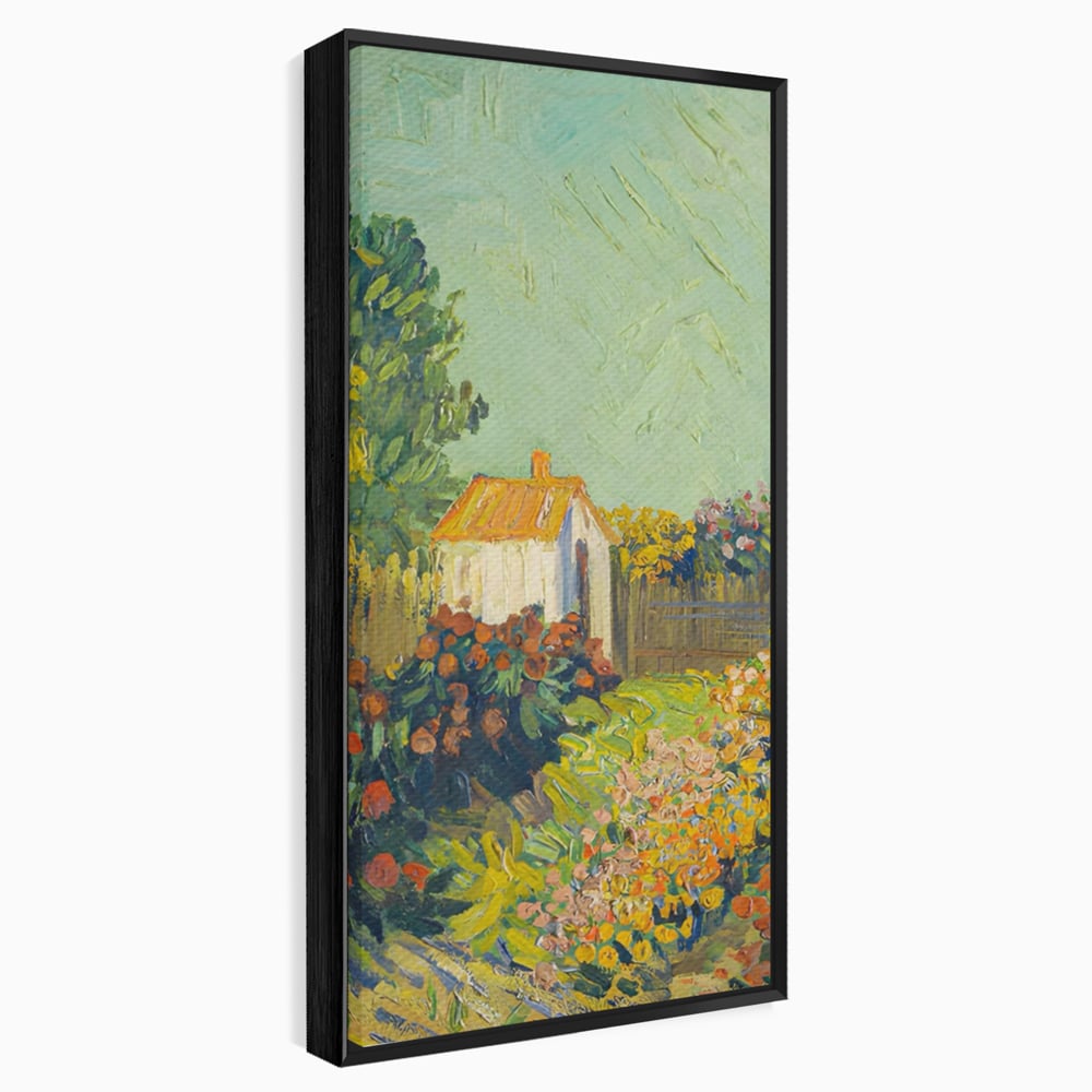 Tablou canvas cu pictura cu o casuta in gradina, in rama de aluminiu negru