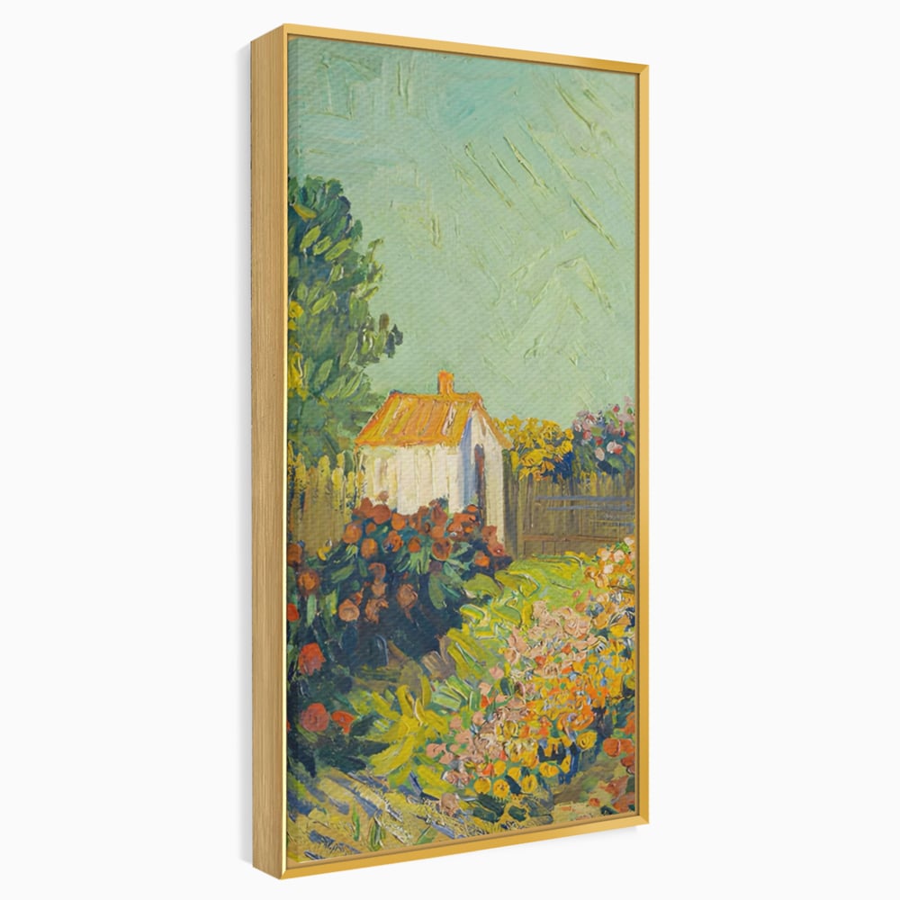 Tablou canvas cu pictura cu o casuta in gradina, in rama de aluminiu auriu