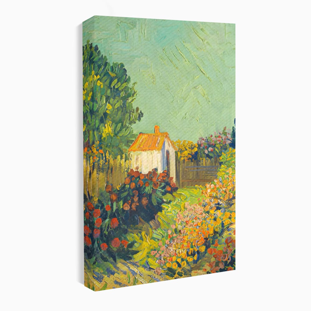Tablou canvas cu pictura cu o casuta in gradina, fara rama, pe sasiu de lemn