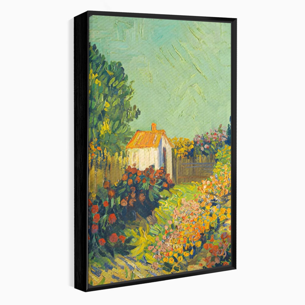 Tablou canvas cu pictura cu o casuta in gradina, in rama de aluminiu negru