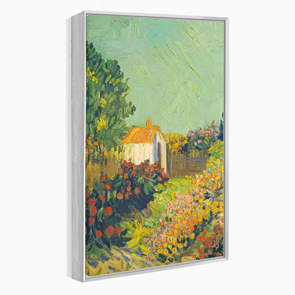 Tablou canvas cu pictura cu o casuta in gradina, in rama de aluminiu argintiu