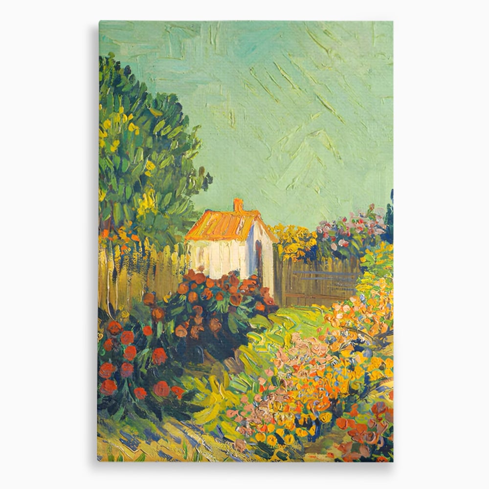 Tablou canvas cu pictura cu o casuta in gradina, fara rama, pe sasiu de lemn