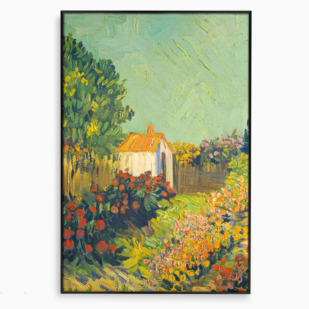 Tablou canvas cu pictura cu o casuta in gradina, in rama de aluminiu negru