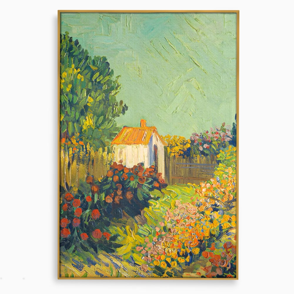 Tablou canvas cu pictura cu o casuta in gradina, in rama de aluminiu auriu
