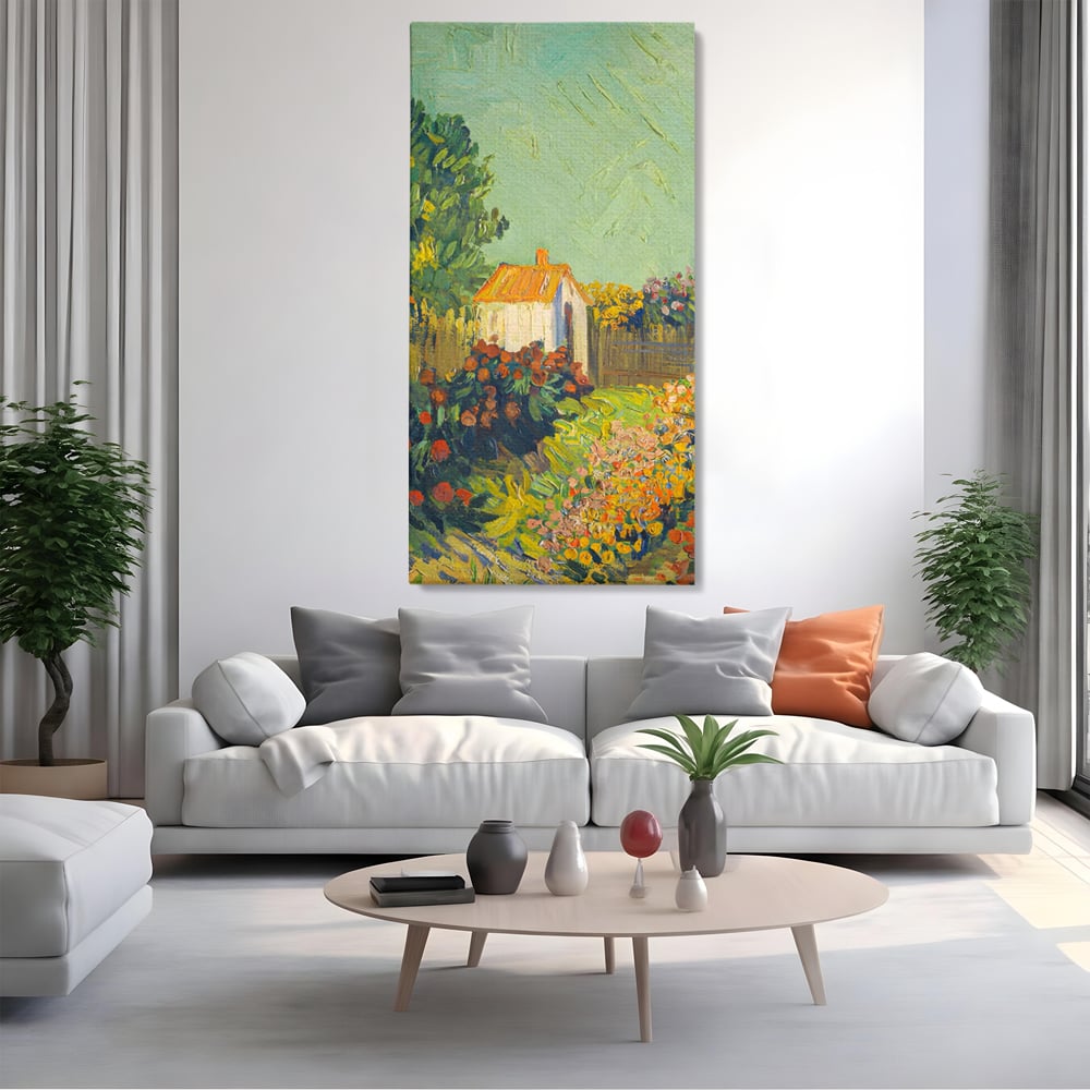Tablou canvas cu pictura cu o casuta in gradina, fara rama, pe sasiu de lemn, pe perete intr-un living