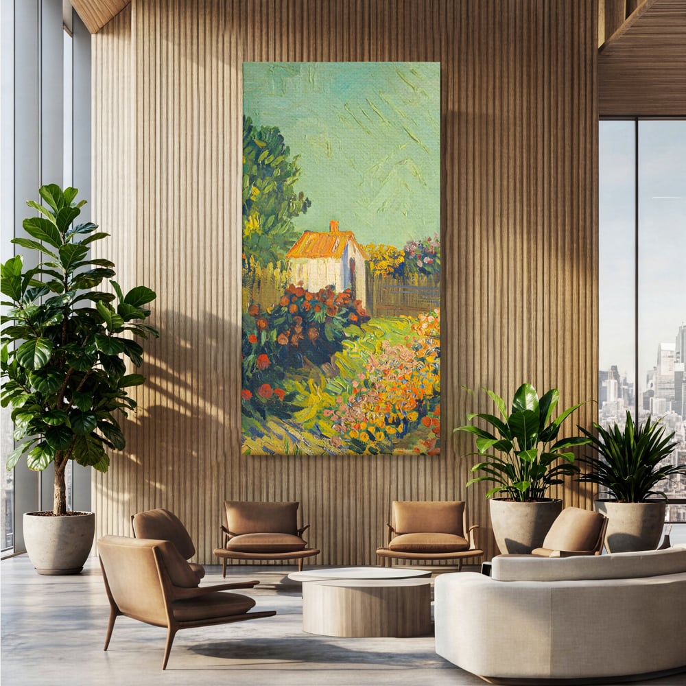 Tablou canvas cu pictura cu o casuta in gradina, fara rama, pe sasiu de lemn, pe perete intr-un birou