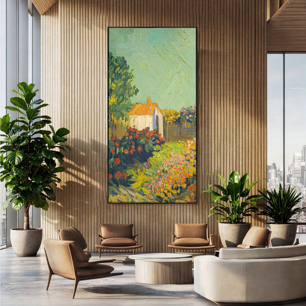 Tablou canvas cu pictura cu o casuta in gradina, in rama de aluminiu negru, pe perete intr-un birou