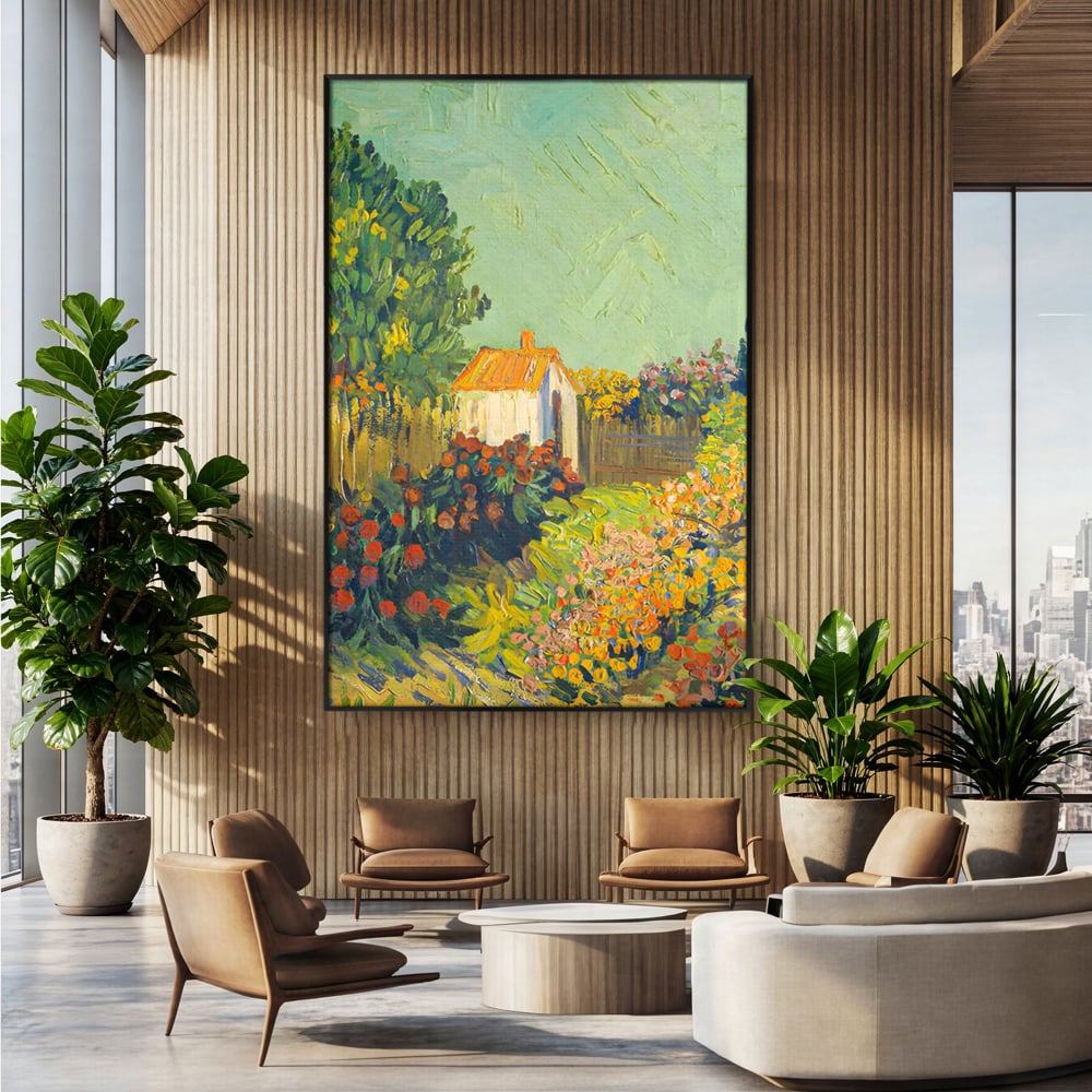 Tablou canvas cu pictura cu o casuta in gradina, in rama de aluminiu negru, pe perete intr-un birou