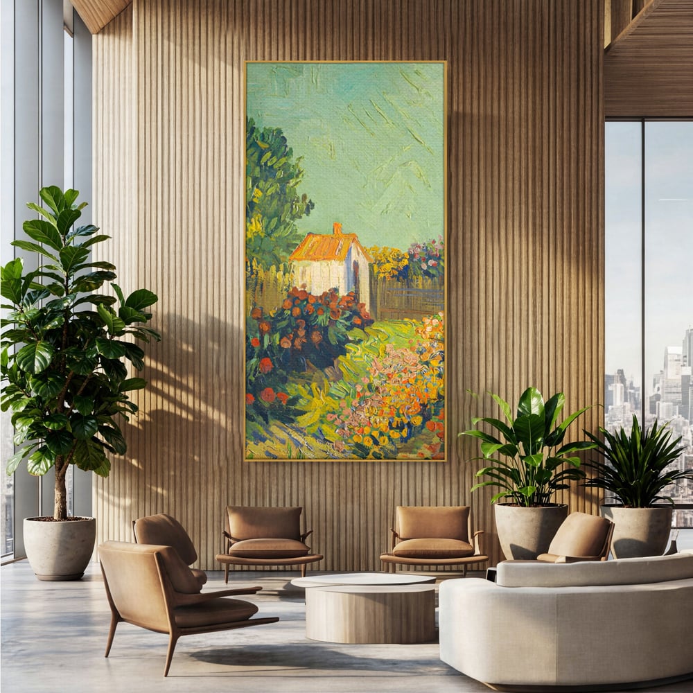 Tablou canvas cu pictura cu o casuta in gradina, in rama de aluminiu auriu, pe perete intr-un birou