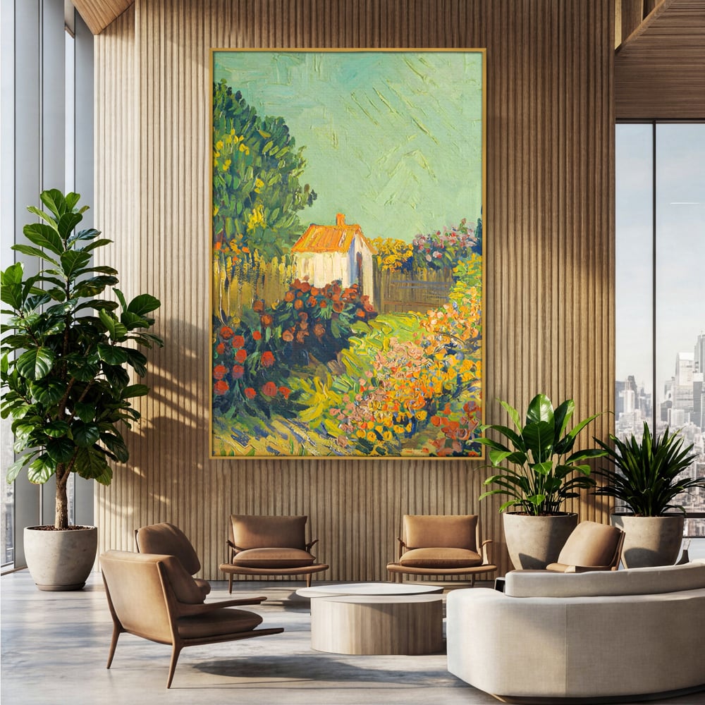 Tablou canvas cu pictura cu o casuta in gradina, in rama de aluminiu auriu, pe perete intr-un birou