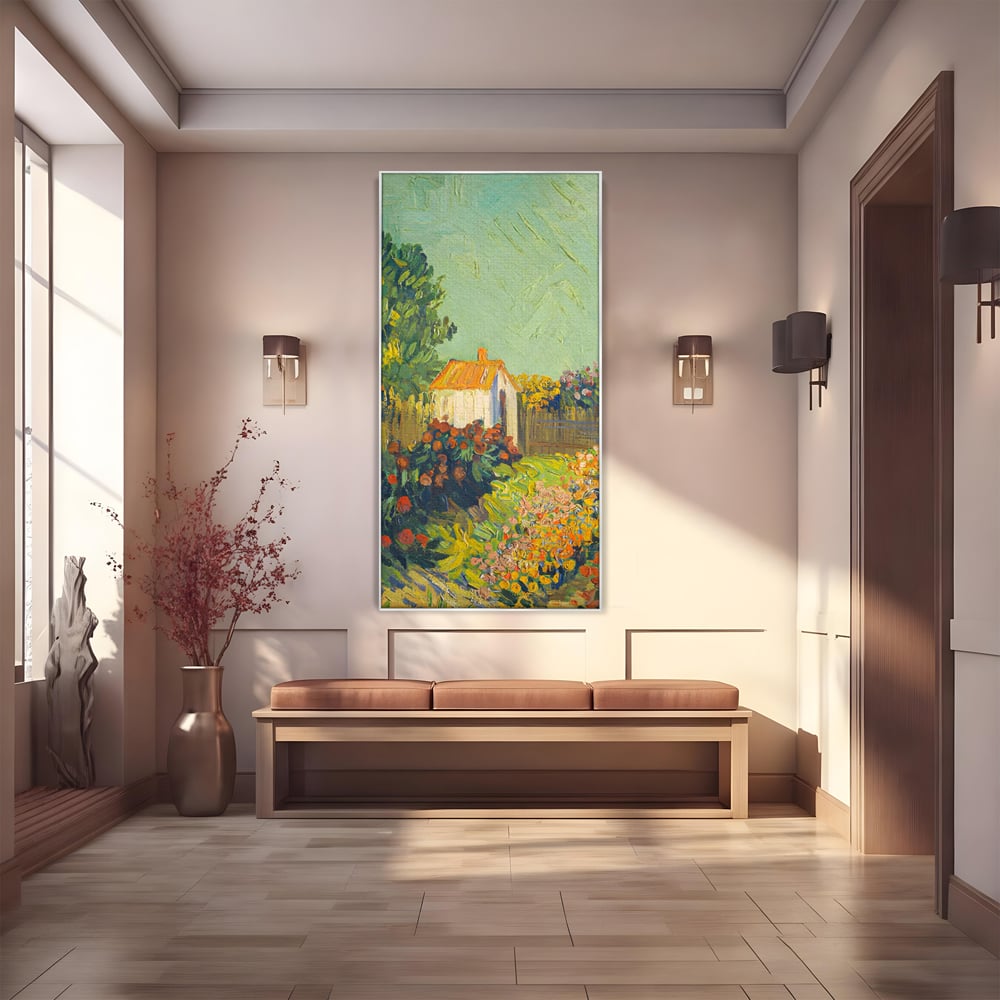 Tablou canvas cu pictura cu o casuta in gradina, in rama de aluminiu argintiu