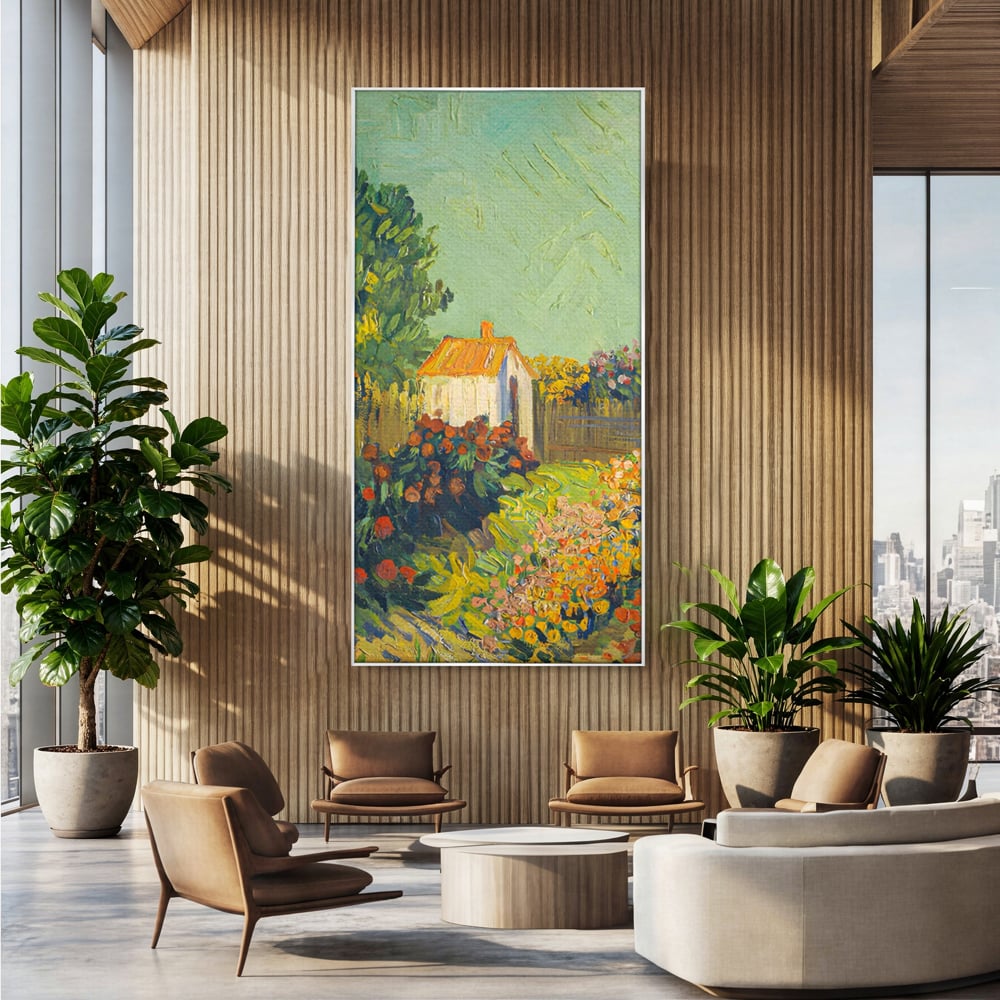 Tablou canvas cu pictura cu o casuta in gradina, in rama de aluminiu argintiu, pe perete intr-un birou
