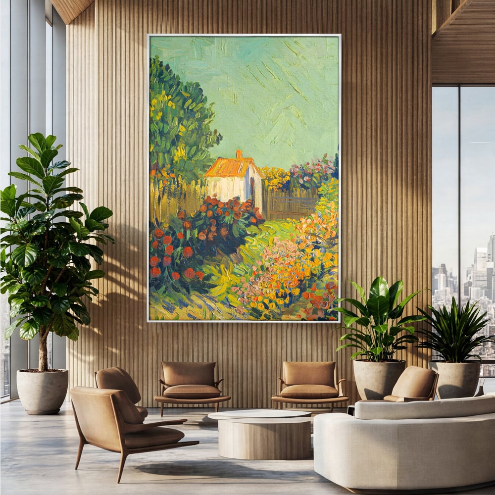Tablou canvas cu pictura cu o casuta in gradina, in rama de aluminiu argintiu, pe perete intr-un birou