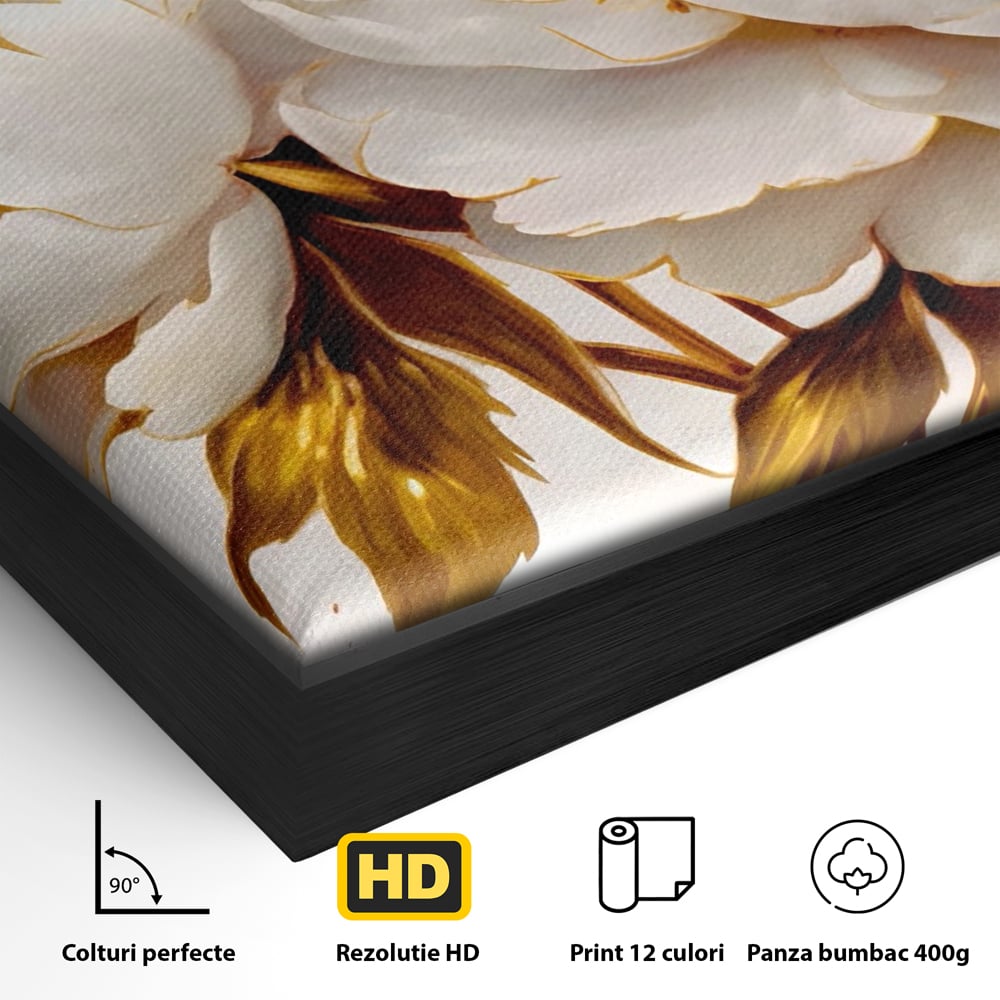 Detaliu al suprafetei: tablou canvas cu bujori albi si frunze aurii, in rama de aluminiu negru