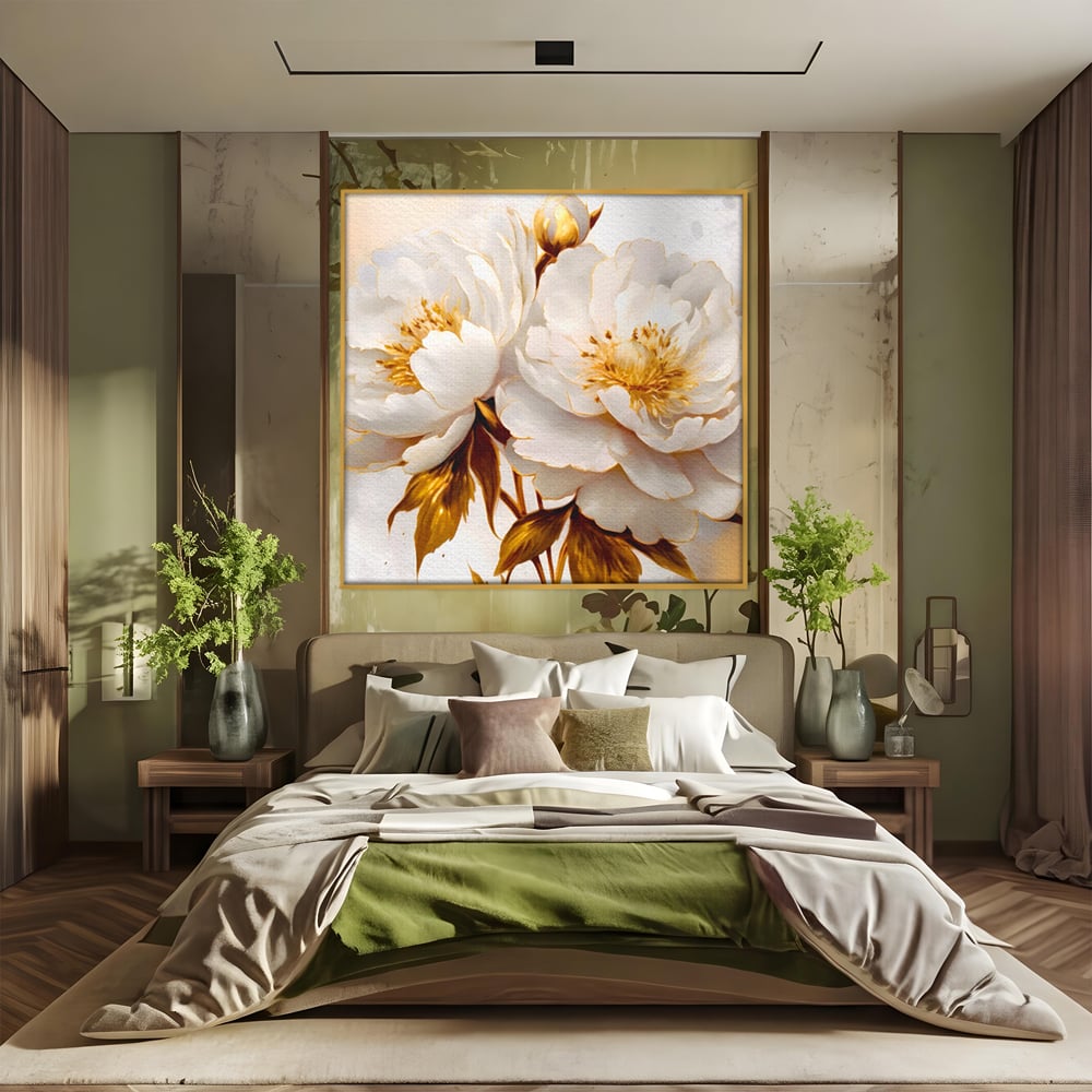 Tablou canvas cu tablou canvas cu bujori albi si frunze aurii, in rama de aluminiu auriu, pe perete intr-un dormitor