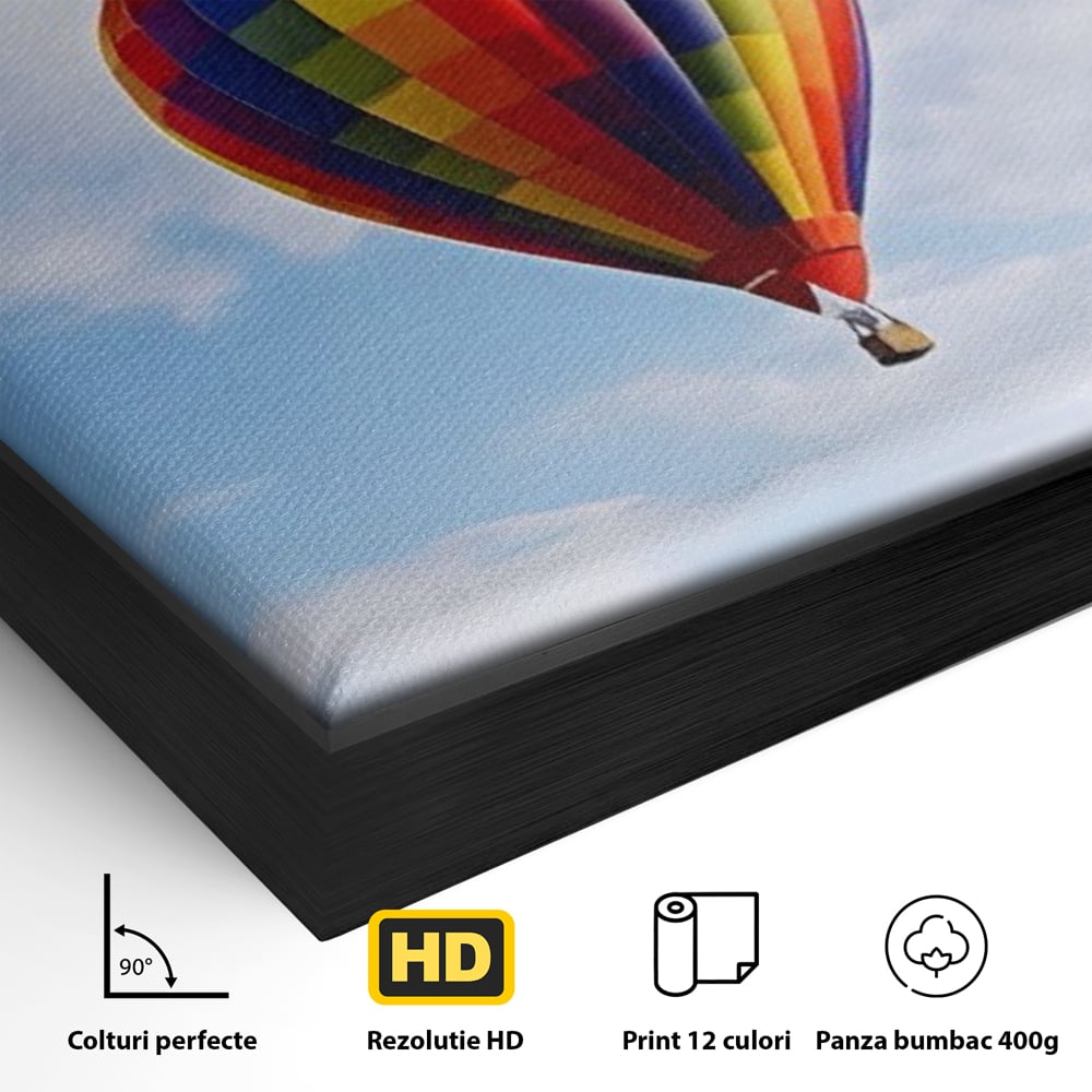 Detaliu al suprafetei: tablou canvas cu balon cu aer cald, in rama de aluminiu negru