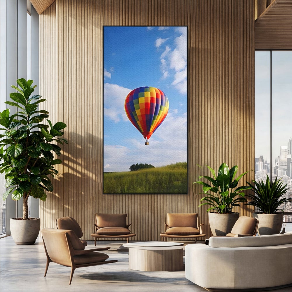 Tablou canvas cu tablou canvas cu balon cu aer cald, in rama de aluminiu negru, pe perete intr-un birou