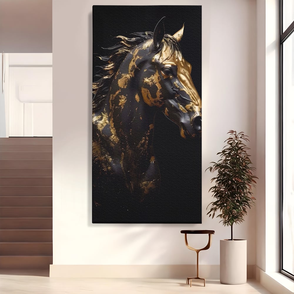Tablou canvas cu tablou canvas cu un cal negru, fara rama, pe sasiu de lemn