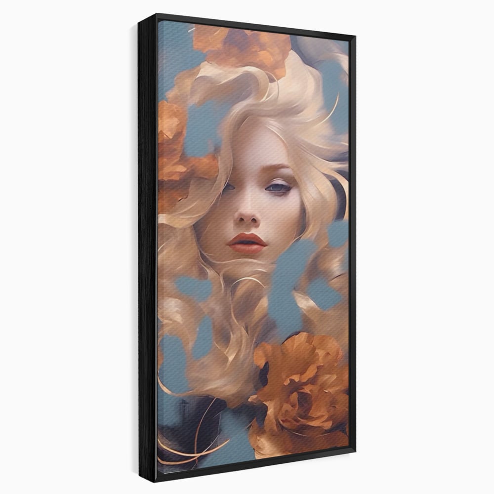 Tablou canvas cu portret de femeie cu flori portocalii, in rama de aluminiu negru