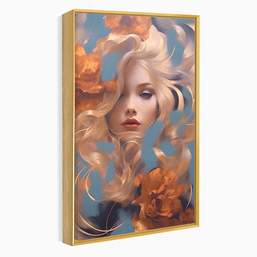 Tablou canvas cu portret de femeie cu flori portocalii, in rama de aluminiu auriu